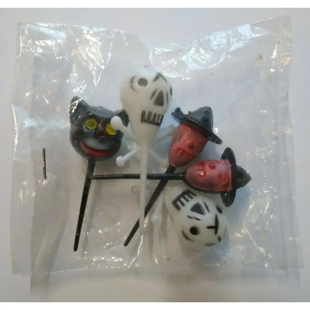 Vintage Halloween Plastic Cake Toppers Lot Of 5 Skulls Witches Black Cat NOS